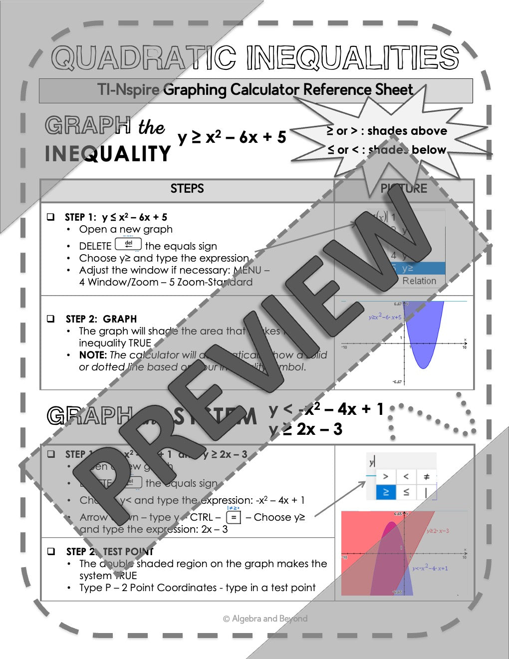 Graphing Quadratic Inequalities | TI-Nspire Calculator Reference Sheets