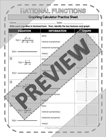 Graphing Rational Functions | TI-Nspire Calculator Reference Sheets