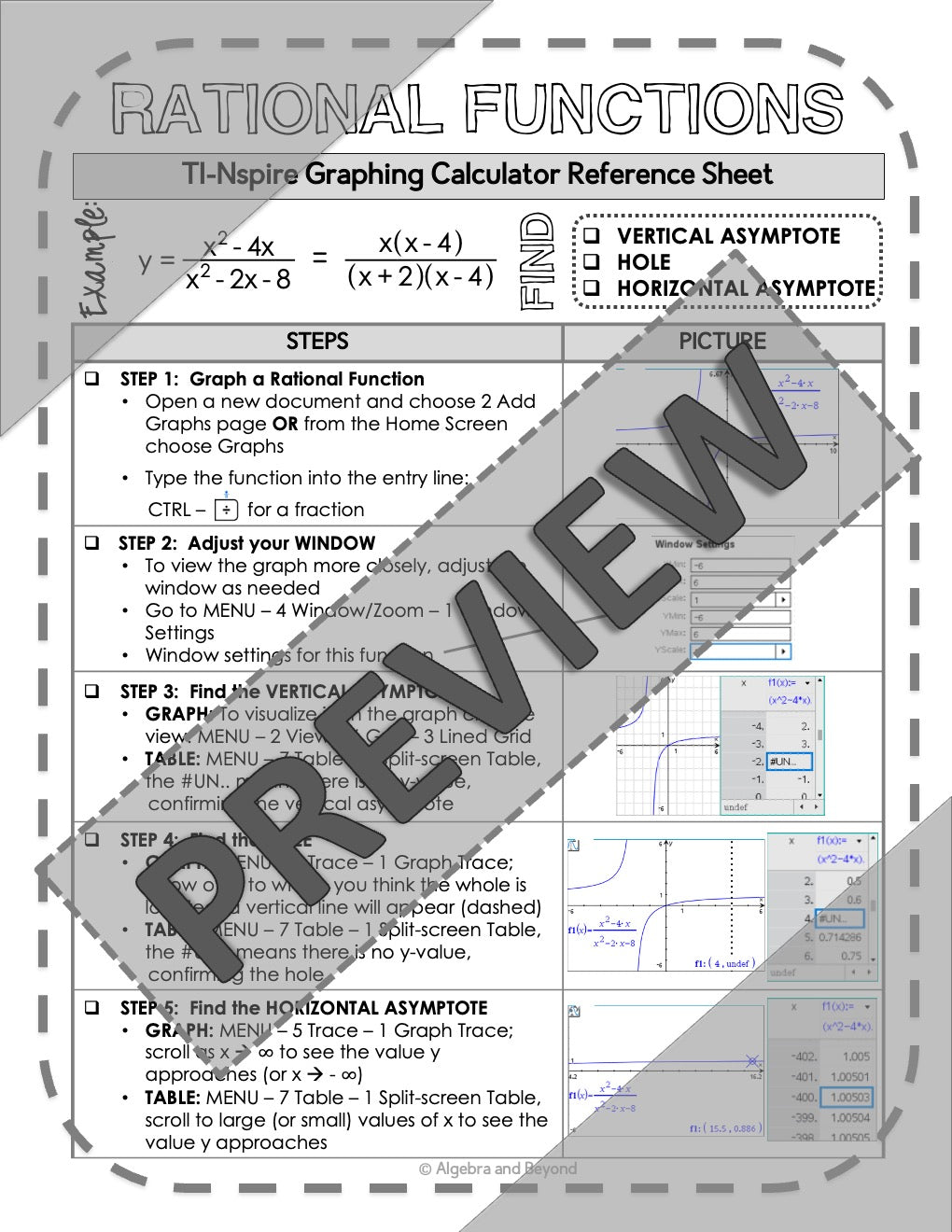 Graphing Rational Functions | TI-Nspire Calculator Reference Sheets