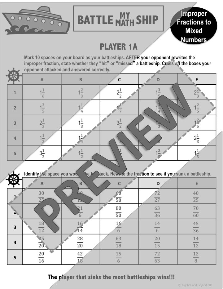 Convert Improper Fractions to Mixed Numbers Activity | Battle My Math Ship Game