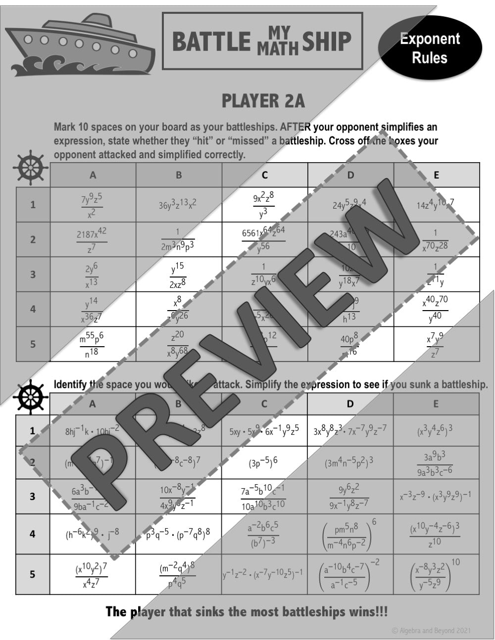 Laws of Exponents | Exponent Rules Activity | Battleship Game