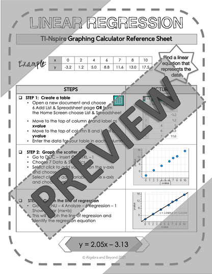 Linear Regression | TI-Nspire Graphing Calculator Reference Sheets