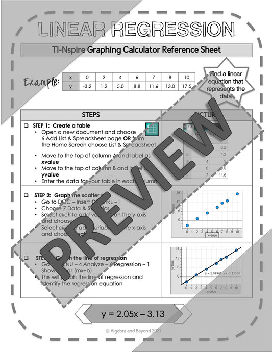 Linear Regression | TI-Nspire Graphing Calculator Reference Sheets