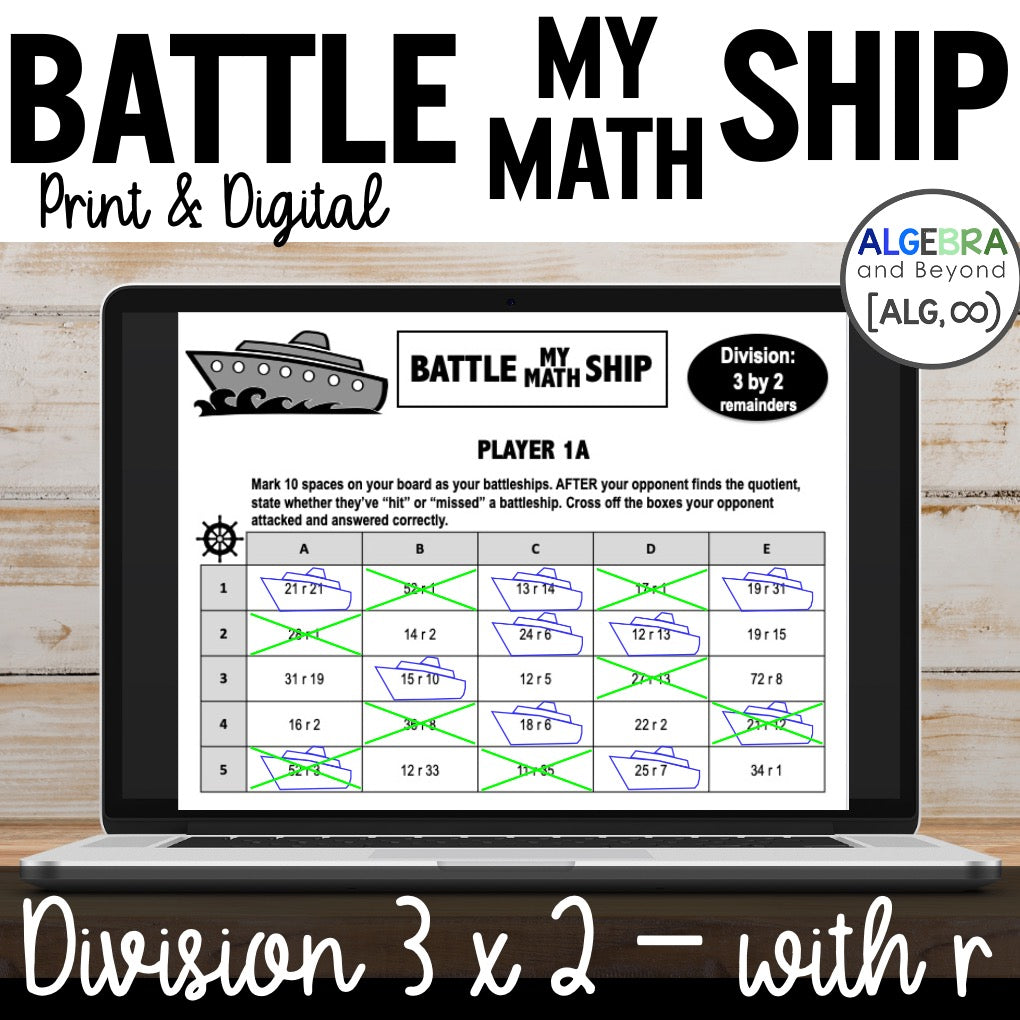 Long Division 3 digits by 2 digits with Remainders Activity | Battleship Game