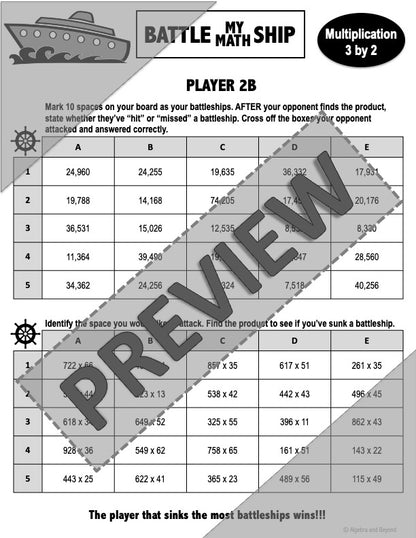 Multiplication 3 digits by 2 digits Activity | Battleship Game | Print & Digital