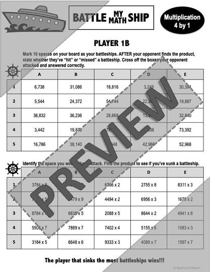 Multiplication 4 digits by 1 digit Activity | Battleship Game | Print & Digital