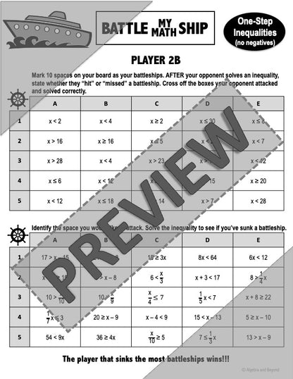One-Step Inequalities Activity | without Negatives  | Battle My Math Ship Game