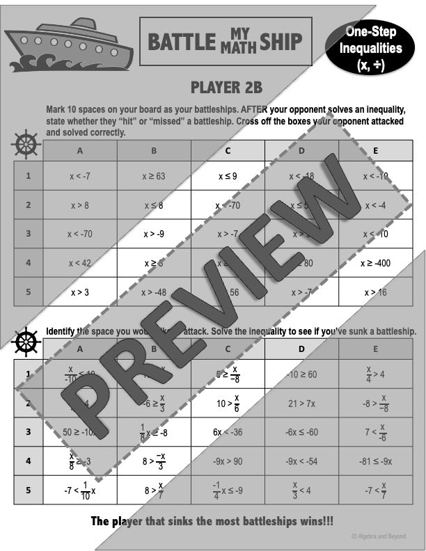 One-Step Inequalities | Multiply and Divide | with Negatives | Battleship Game