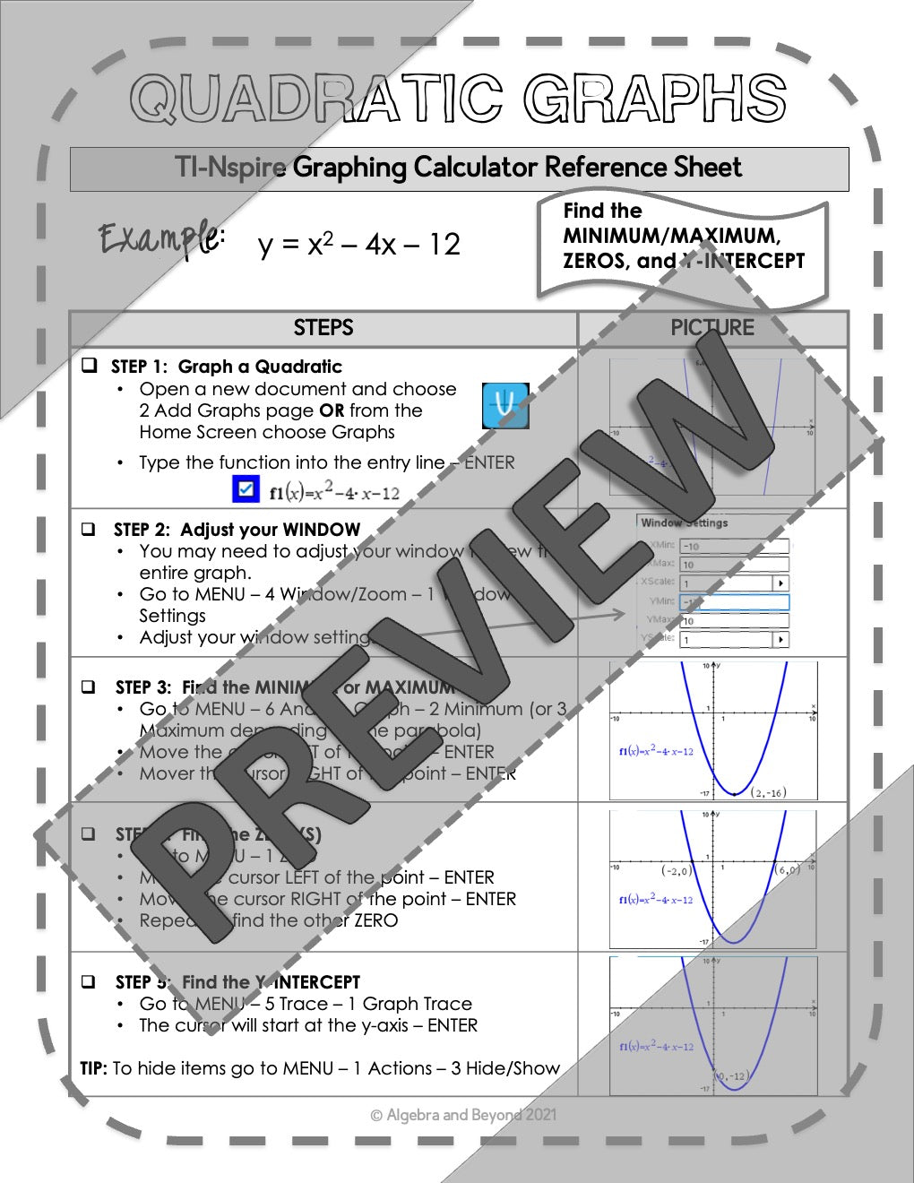 Quadratic Graphs | TI-Nspire Graphing Calculator Reference Sheets