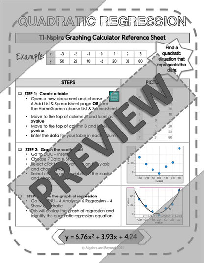 Quadratic Regression | TI-Nspire Calculator Reference Sheets