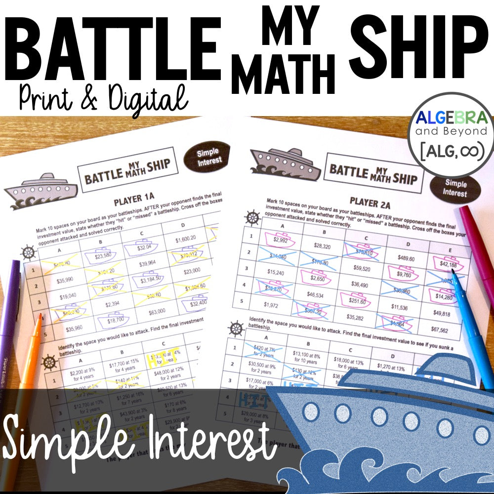 Simple Interest Activity | Battle My Math Ship Game | Print and Digital
