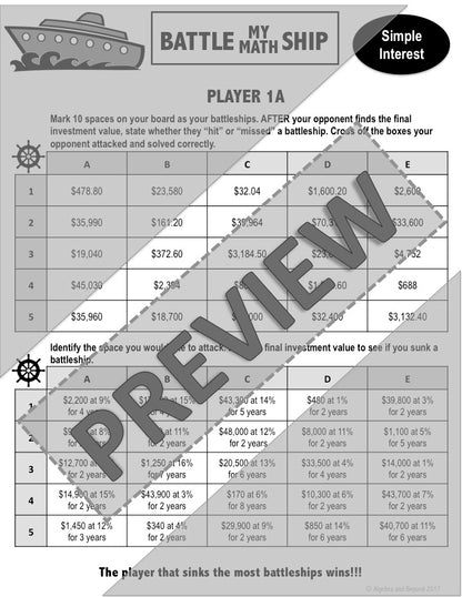 Simple Interest Activity | Battle My Math Ship Game | Print and Digital