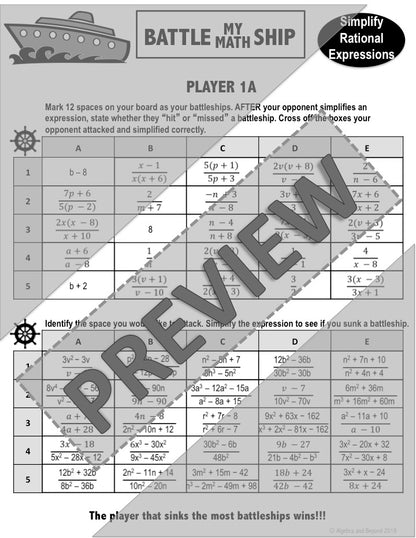 Simplify Rational Expressions | Battle My Math Ship Game | Print and Digital