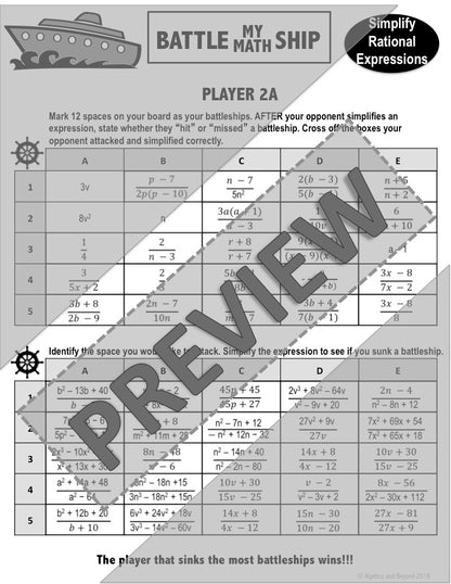 Simplify Rational Expressions | Battle My Math Ship Game | Print and Digital