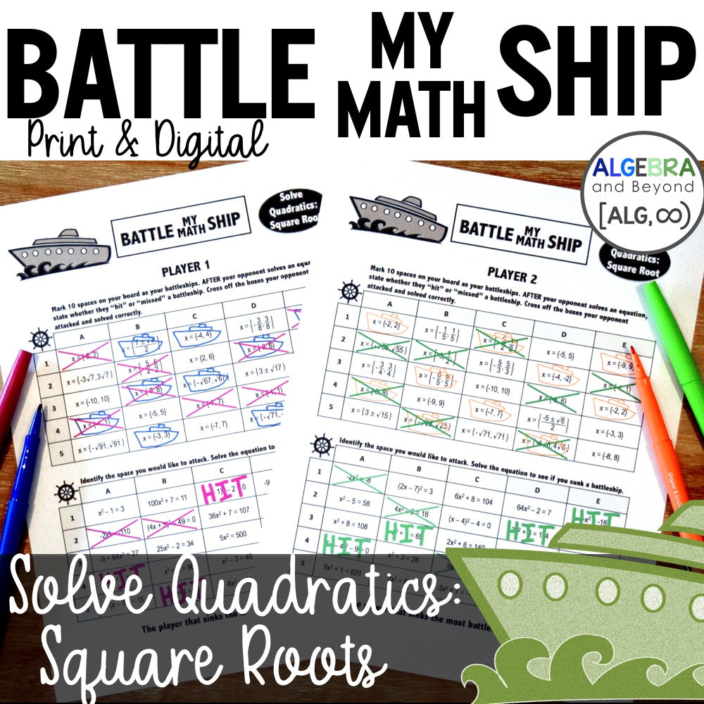 Solve Quadratic Equations | Square Roots | Battle My Math Ship | Print & Digital