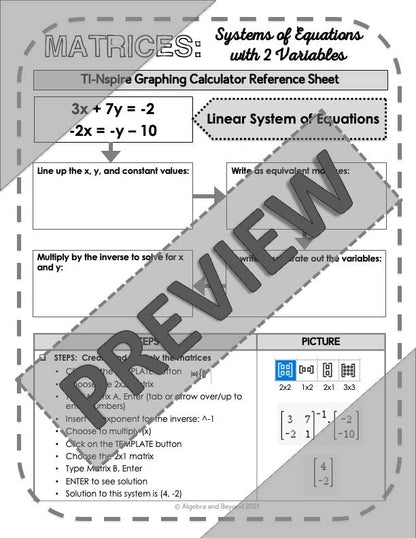 Systems of Equations with Matrices | TI-Nspire Calculator Reference Sheets