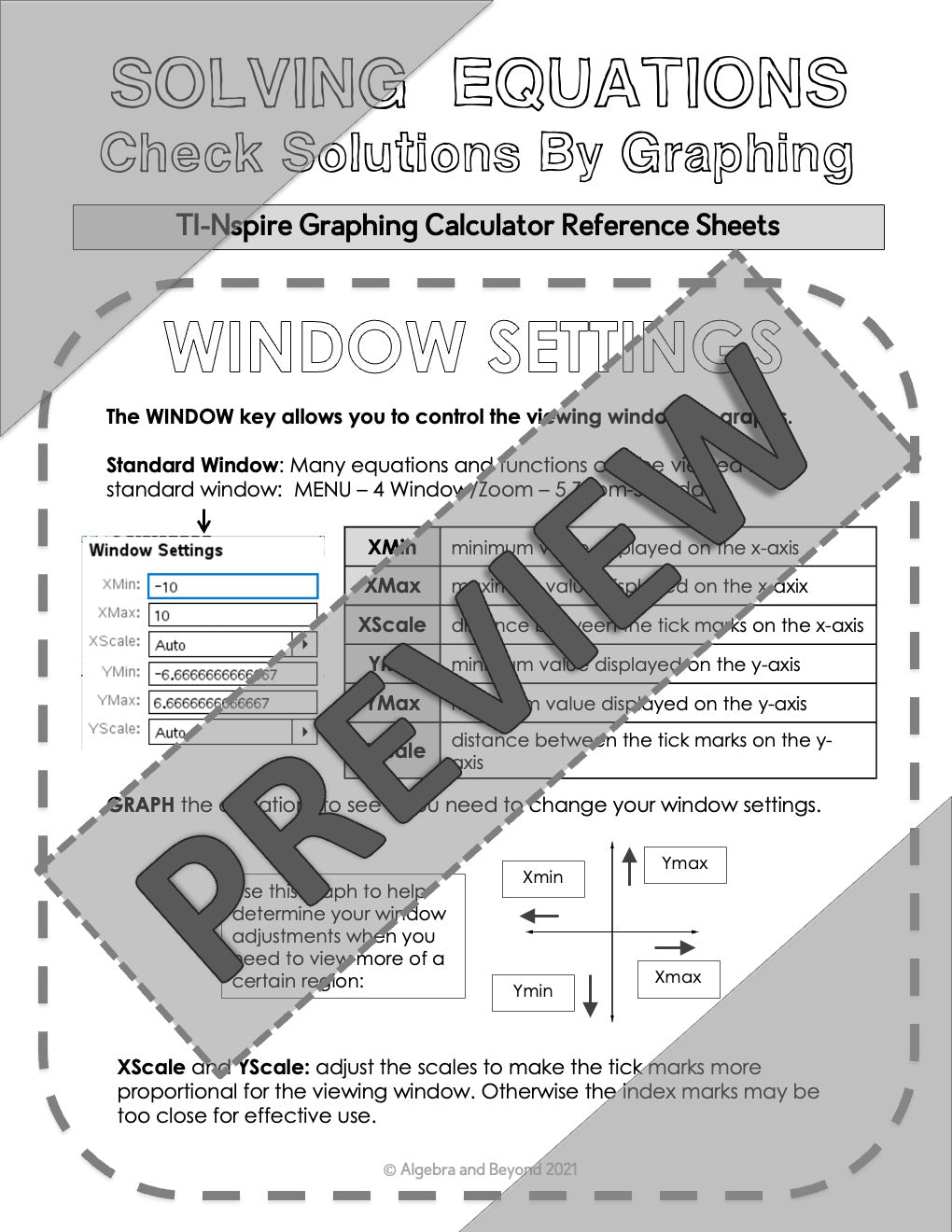 TI-Nspire Calculator Sheet | Window Settings and Graphing Equations