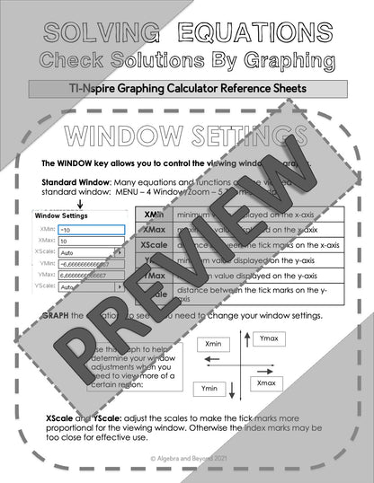 TI-Nspire Calculator Sheet | Window Settings and Graphing Equations