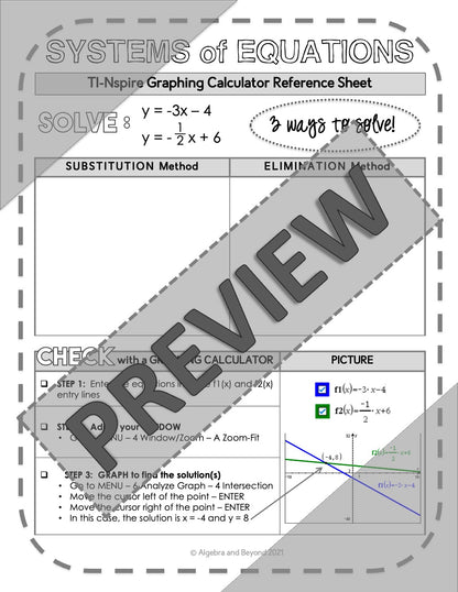 TI-Nspire Graphing Calculator Reference Sheets | Systems of Equations