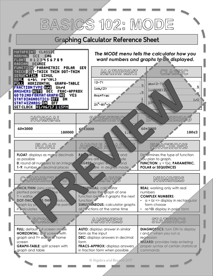 Basics 102 - Mode Menu | TI-84 Graphing Calculator Reference Sheet