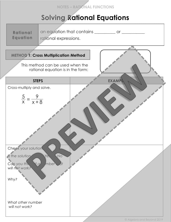 Solving Rational Equations Lesson Warm Up Guided Notes Homework Algebra And Beyond