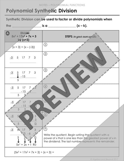 Polynomial Synthetic Division Lesson | Video | Guided Notes | Homework