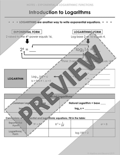 Introduction to Logarithms Lesson | Video | Guided Notes | Homework