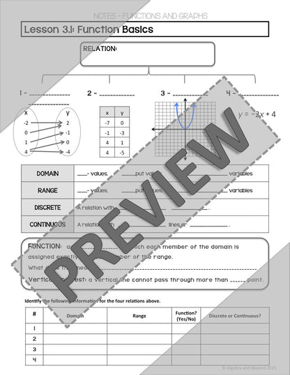 Function Basics Lesson | Warm-Up | Guided Notes | Homework