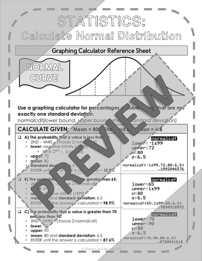 Normal Distribution | Statistics | TI-84 Graphing Calculator Reference Sheet