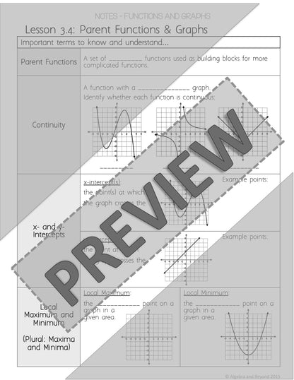 Parent Functions & Graphs Lesson | Warm-Up | Guided Notes | Homework