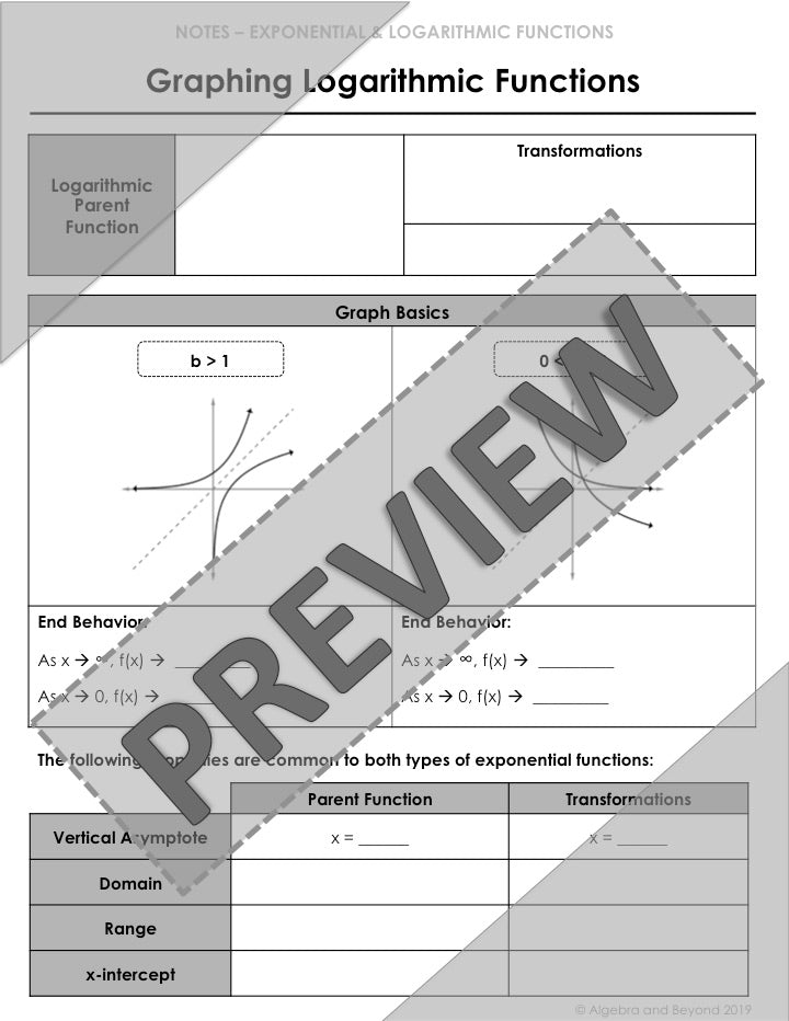 Graph Logarithmic Functions Lesson | Warm-Up | Guided Notes | Homework