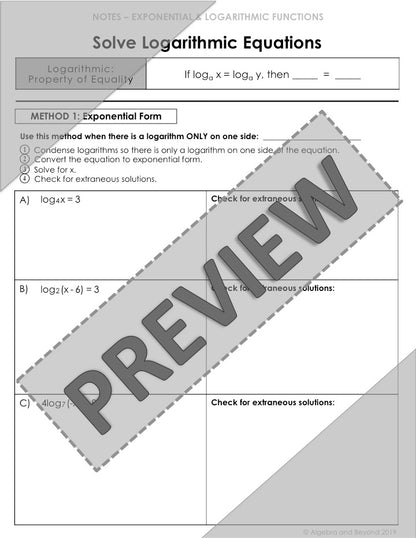Solve Logarithmic Equations Lesson | Video | Guided Notes | Homework