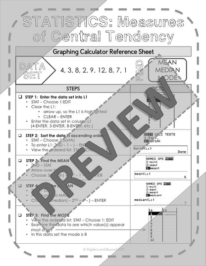 Statistics | Measures of Central Tendency | TI-84 Calculator Reference Sheet
