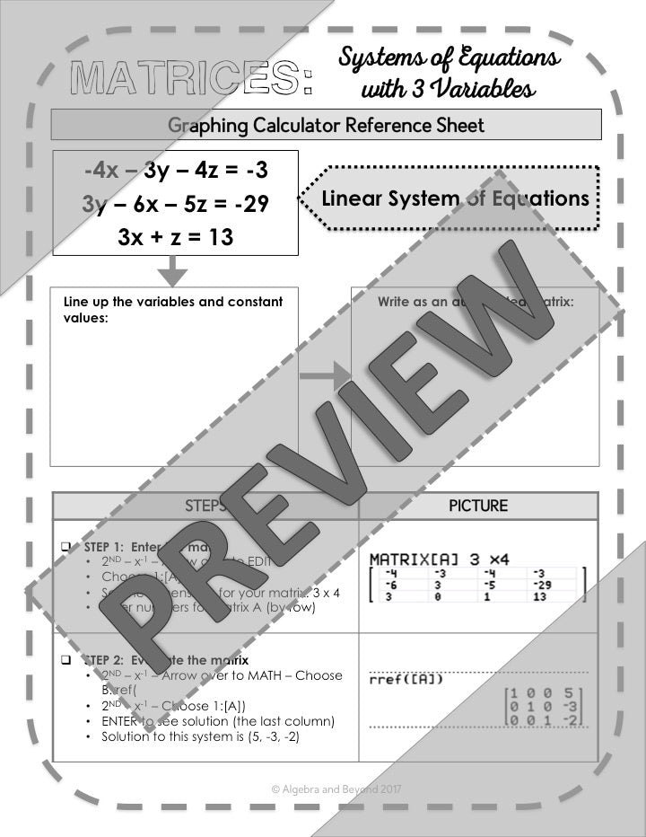 Systems of Equations with Matrices | TI-84 Graphing Calculator Reference Sheets