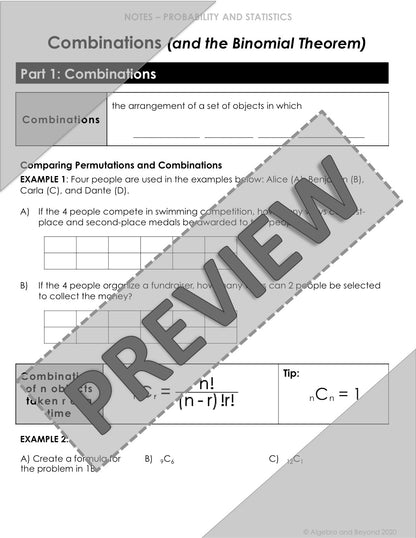Combinations and Binomial Theorem Lesson | Video | Guided Notes | Homework