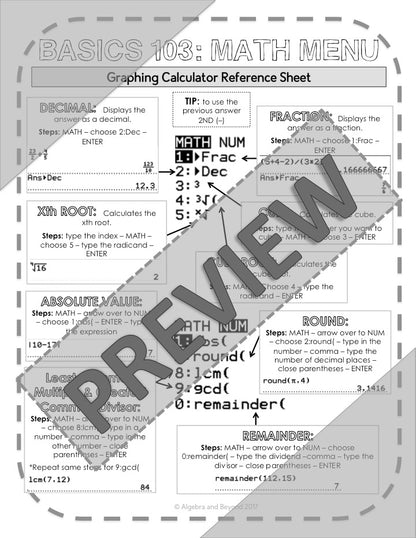 Math Menu, Fractions, and Test Menu | TI-84 Graphing Calculator Reference Sheet