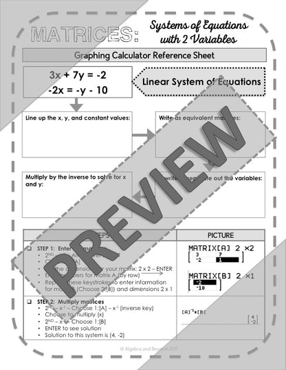 Systems of Equations with Matrices | TI-84 Graphing Calculator Reference Sheets