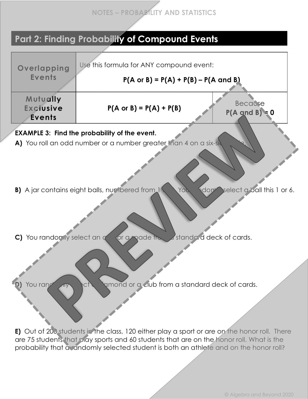 Mutually Exclusive Lesson Warm Up Guided Notes Homework Algebra And Beyond