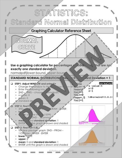 Normal Distribution | Statistics | TI-84 Graphing Calculator Reference Sheet