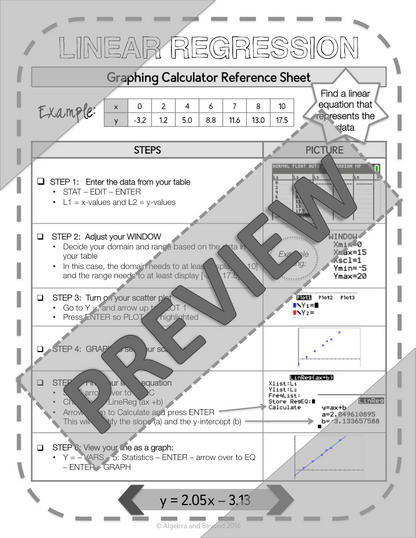 Linear Regression | TI-84 Graphing Calculator Reference Sheet and Practice
