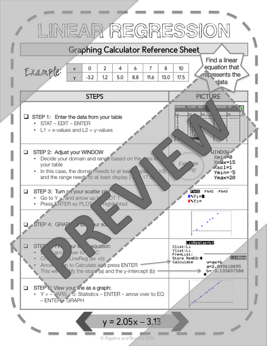 Linear Regression | TI-84 Graphing Calculator Reference Sheet and Practice