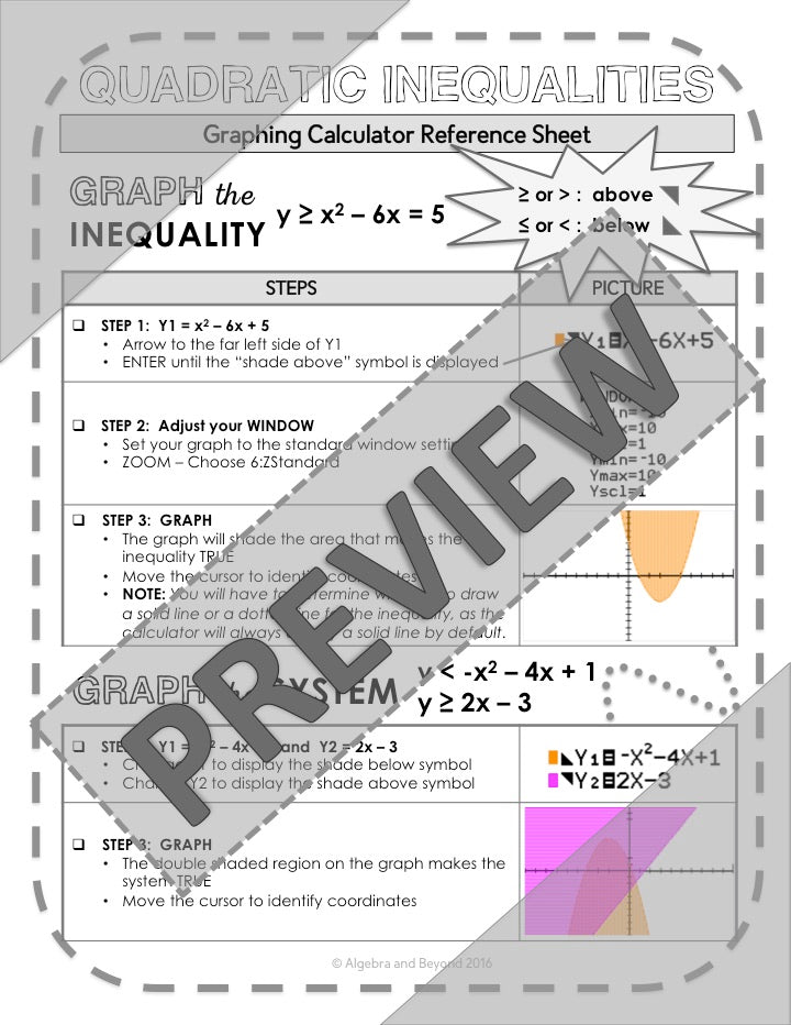 Quadratic Inequalities | TI-84 Graphing Calculator Reference Sheet and Practice