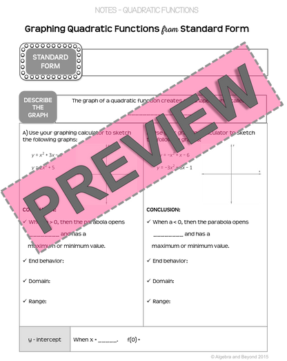 Quadratic Functions: Standard Form Lesson | Warm-Up | Guided Notes | Homework