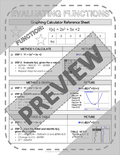 Evaluating Functions | TI-84 Graphing Calculator Reference Sheet and Practice